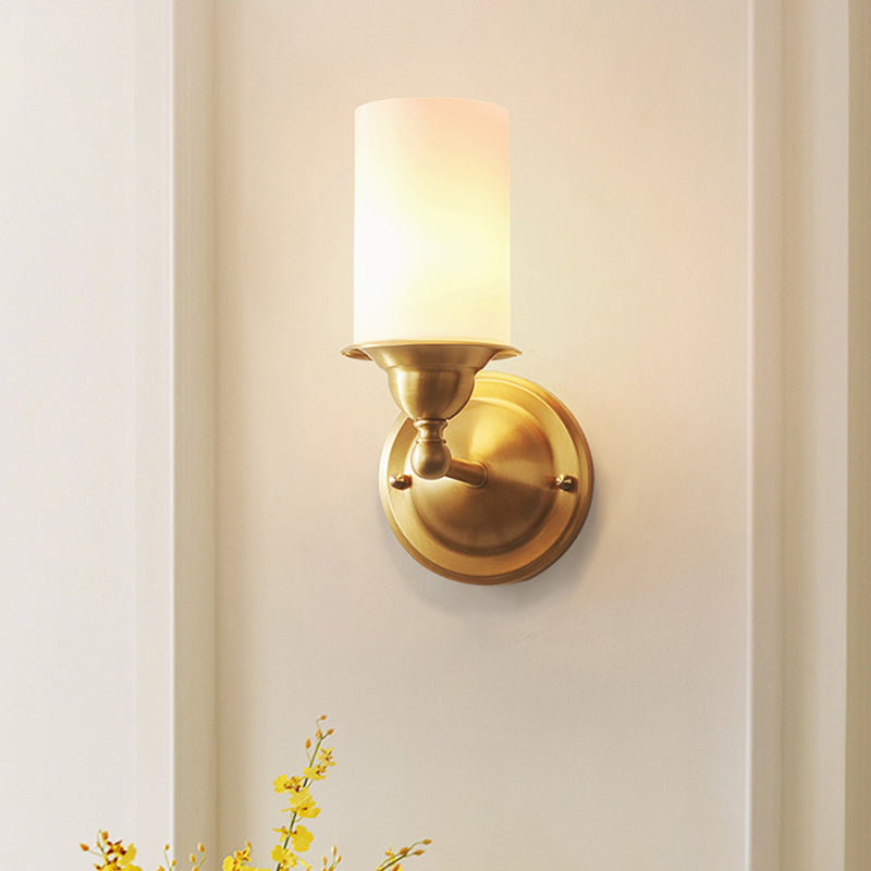 Cylinder Frosted Glass Wall Lamp Modernism Style 1 Light Living Room Wall Sconce Fixture in Brass Clearhalo 'Wall Lamps & Sconces' 'Wall Lights' Lighting' 273809