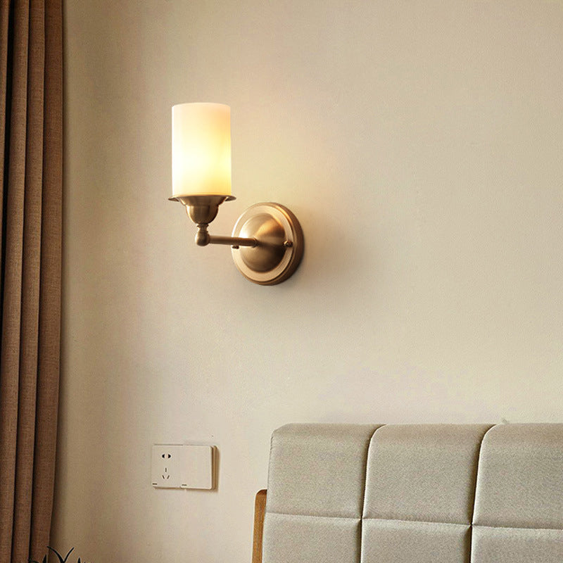 Cylinder Frosted Glass Wall Lamp Modernism Style 1 Light Living Room Wall Sconce Fixture in Brass Clearhalo 'Wall Lamps & Sconces' 'Wall Lights' Lighting' 273811