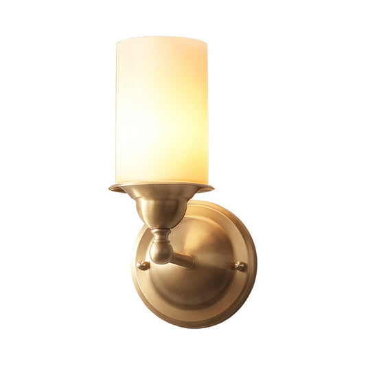 Cylinder Frosted Glass Wall Lamp Modernism Style 1 Light Living Room Wall Sconce Fixture in Brass Clearhalo 'Wall Lamps & Sconces' 'Wall Lights' Lighting' 273812