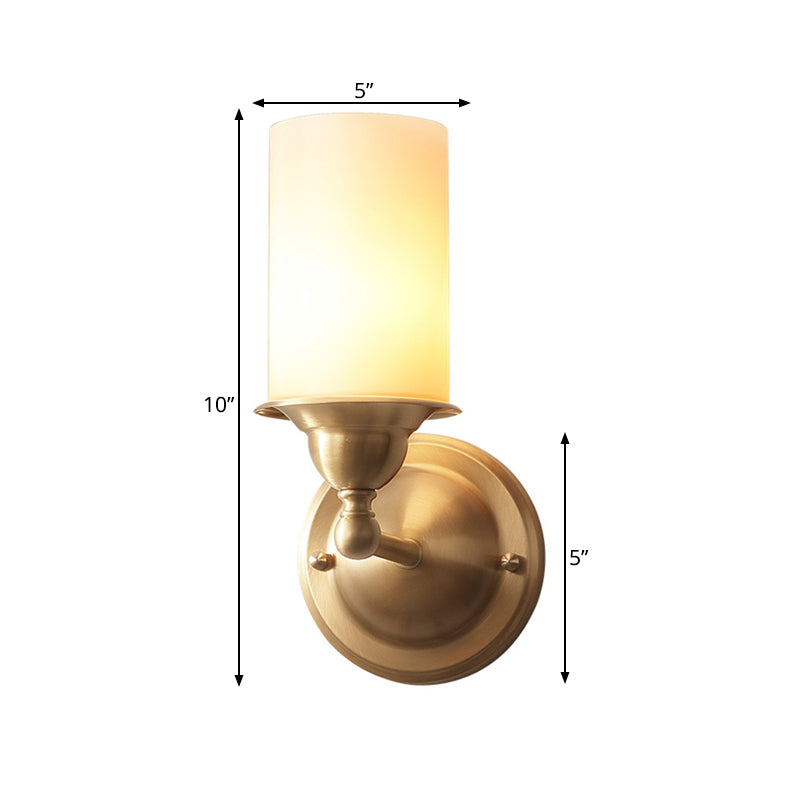 Cylinder Frosted Glass Wall Lamp Modernism Style 1 Light Living Room Wall Sconce Fixture in Brass Clearhalo 'Wall Lamps & Sconces' 'Wall Lights' Lighting' 273813