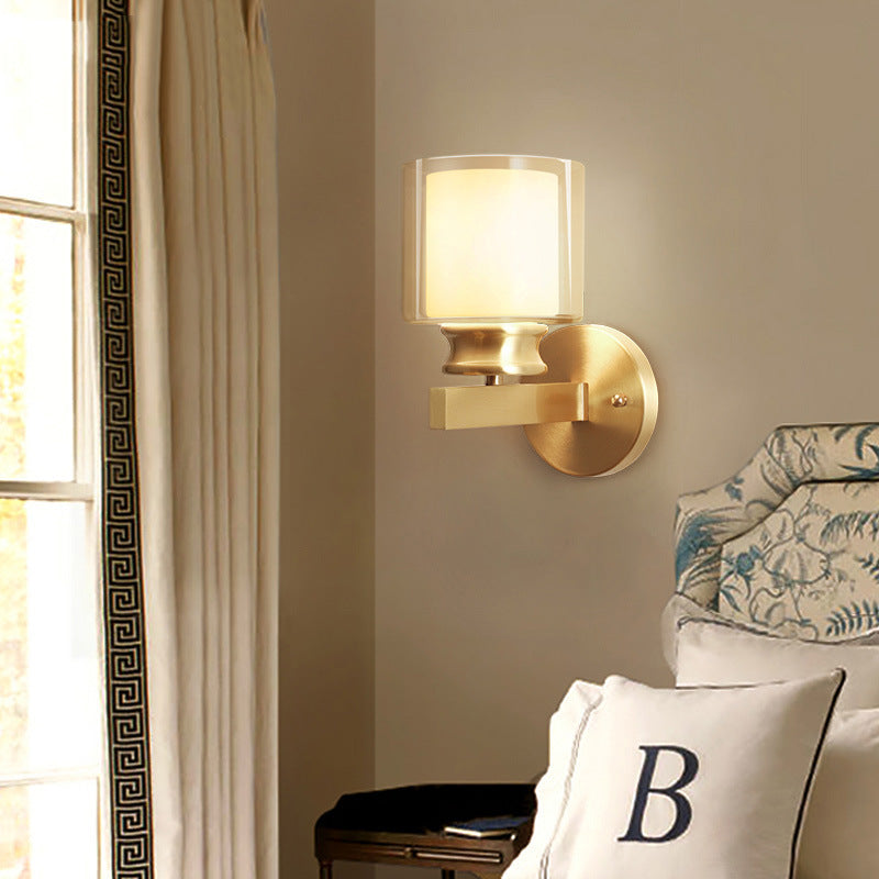 Modern Style Cylindrical Wall Sconce 1 Light Clear and White Glass Wall Mount Lamp in Brass for Bedroom Brass Clearhalo 'Wall Lamps & Sconces' 'Wall Lights' Lighting' 273815