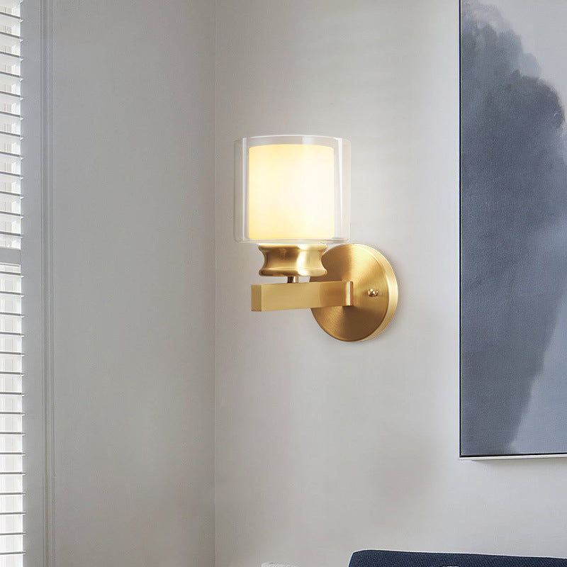 Modern Style Cylindrical Wall Sconce 1 Light Clear and White Glass Wall Mount Lamp in Brass for Bedroom Clearhalo 'Wall Lamps & Sconces' 'Wall Lights' Lighting' 273817