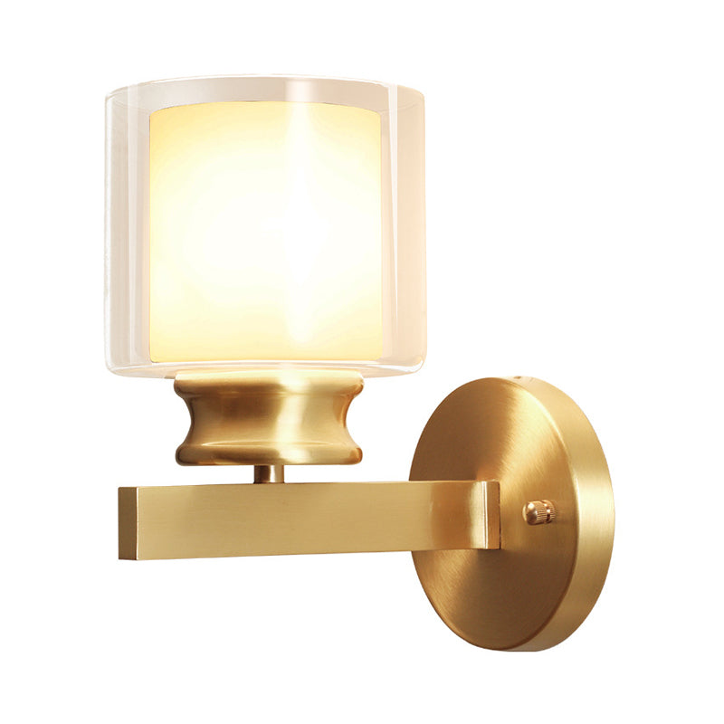 Modern Style Cylindrical Wall Sconce 1 Light Clear and White Glass Wall Mount Lamp in Brass for Bedroom Clearhalo 'Wall Lamps & Sconces' 'Wall Lights' Lighting' 273819