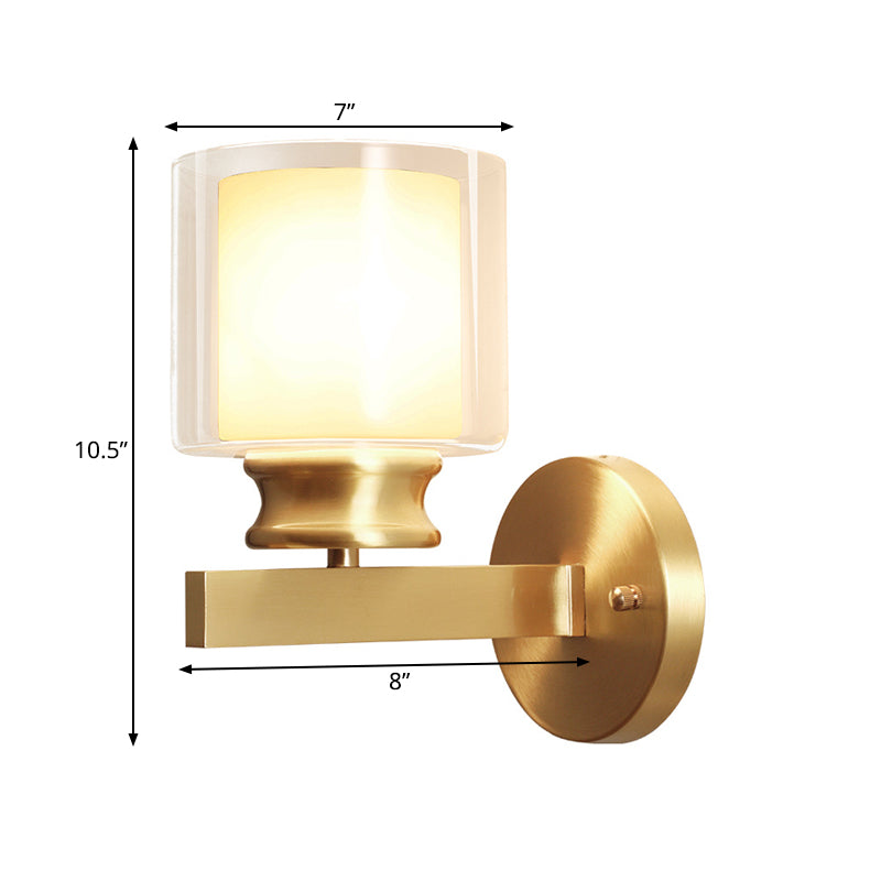 Modern Style Cylindrical Wall Sconce 1 Light Clear and White Glass Wall Mount Lamp in Brass for Bedroom Clearhalo 'Wall Lamps & Sconces' 'Wall Lights' Lighting' 273820