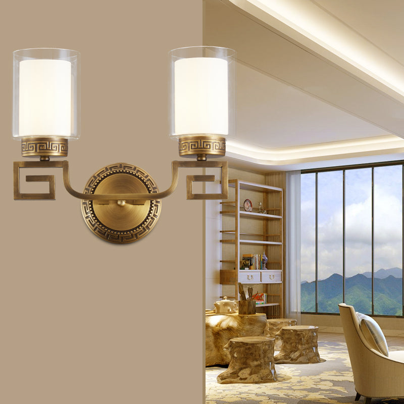 Cylinder Double Glass Wall Sconce Lamp Modernism Style 2 Lights Corridor Wall Light in Brass Brass Clearhalo 'Wall Lamps & Sconces' 'Wall Lights' Lighting' 273821