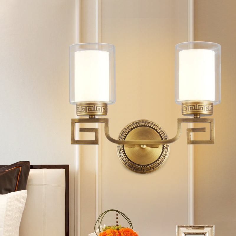 Cylinder Double Glass Wall Sconce Lamp Modernism Style 2 Lights Corridor Wall Light in Brass Clearhalo 'Wall Lamps & Sconces' 'Wall Lights' Lighting' 273822