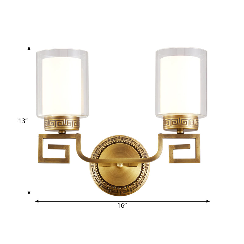 Cylinder Double Glass Wall Sconce Lamp Modernism Style 2 Lights Corridor Wall Light in Brass Clearhalo 'Wall Lamps & Sconces' 'Wall Lights' Lighting' 273825