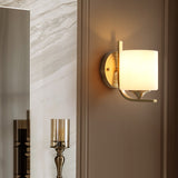 1 Light Drum Shade Wall Sconce Light Modernism Style White Glass Wall Lamp in Brass for Bedroom Clearhalo 'Wall Lamps & Sconces' 'Wall Lights' Lighting' 273829