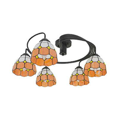 3/5 Lights Bowl Semi Flushmount Tiffany Vintage Stained Glass Semi Flush Light Fixture in Orange/Blue/Pink/Green for Bedroom 5 Orange Clearhalo 'Ceiling Lights' 'Close To Ceiling Lights' 'Close to ceiling' 'Glass shade' 'Glass' 'Semi-flushmount' 'Tiffany close to ceiling' 'Tiffany' Lighting' 27383