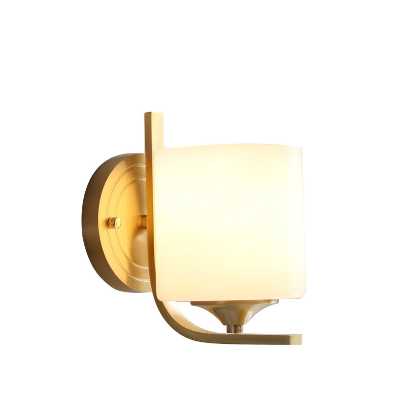 1 Light Drum Shade Wall Sconce Light Modernism Style White Glass Wall Lamp in Brass for Bedroom Clearhalo 'Wall Lamps & Sconces' 'Wall Lights' Lighting' 273830