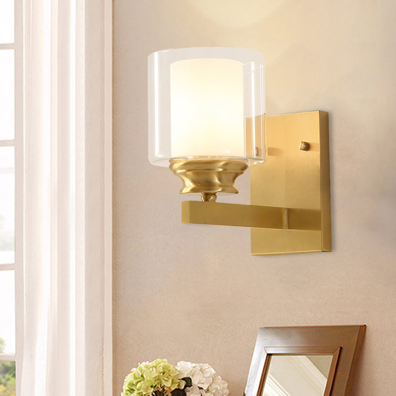 Clear Glass Drum Wall Mounted Light Modern Style 1 Head Dining Room Wall Lighting in Brass Clearhalo 'Wall Lamps & Sconces' 'Wall Lights' Lighting' 273834