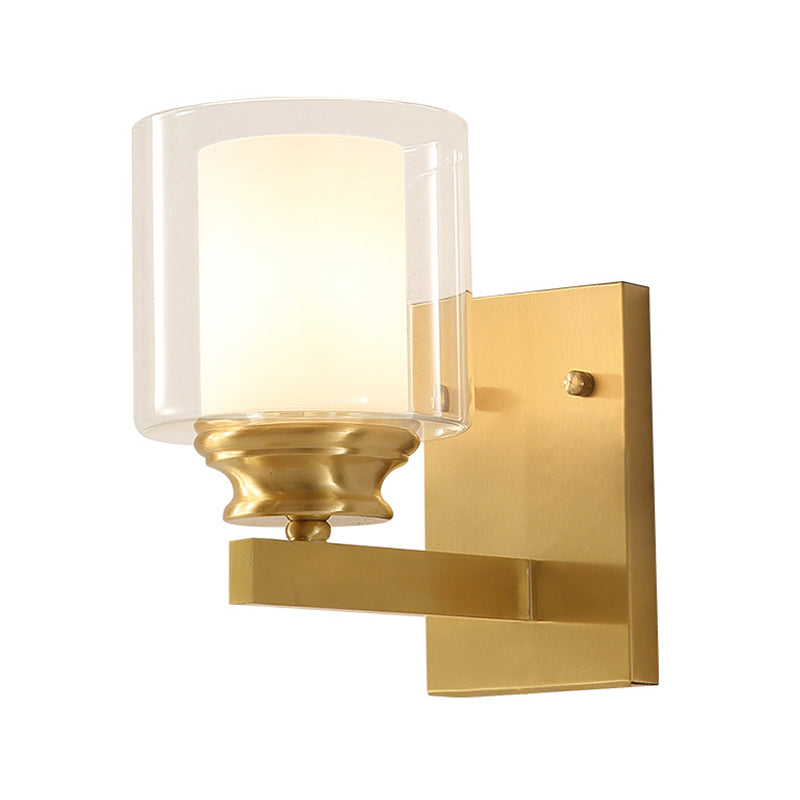 Clear Glass Drum Wall Mounted Light Modern Style 1 Head Dining Room Wall Lighting in Brass Clearhalo 'Wall Lamps & Sconces' 'Wall Lights' Lighting' 273836