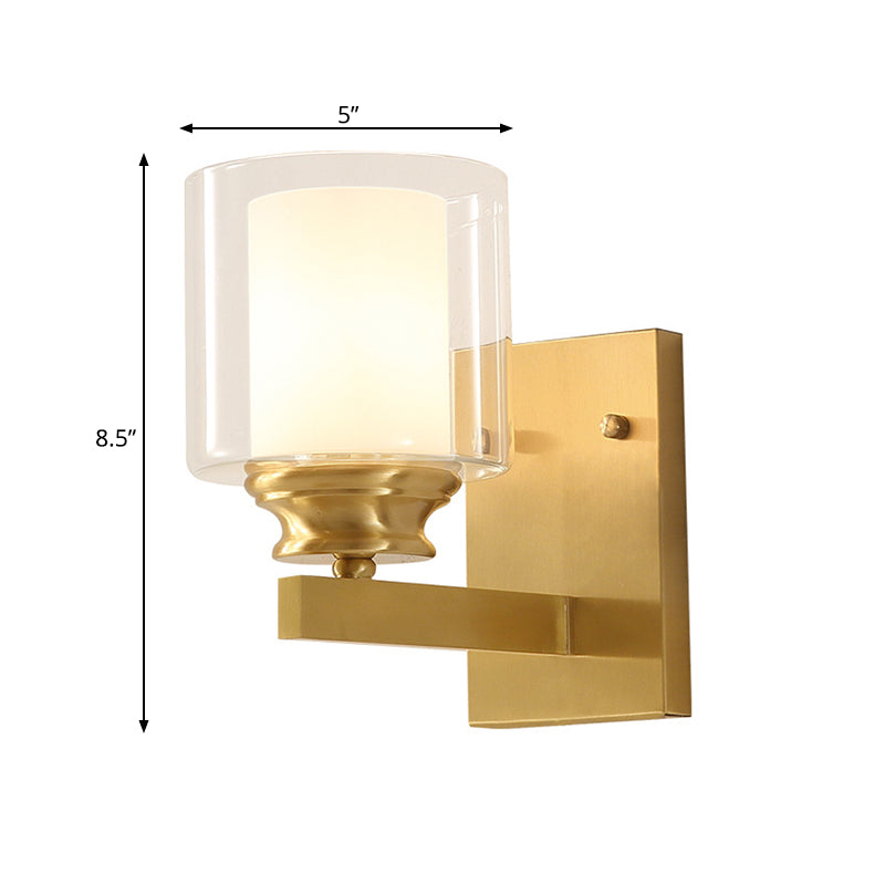 Clear Glass Drum Wall Mounted Light Modern Style 1 Head Dining Room Wall Lighting in Brass Clearhalo 'Wall Lamps & Sconces' 'Wall Lights' Lighting' 273837