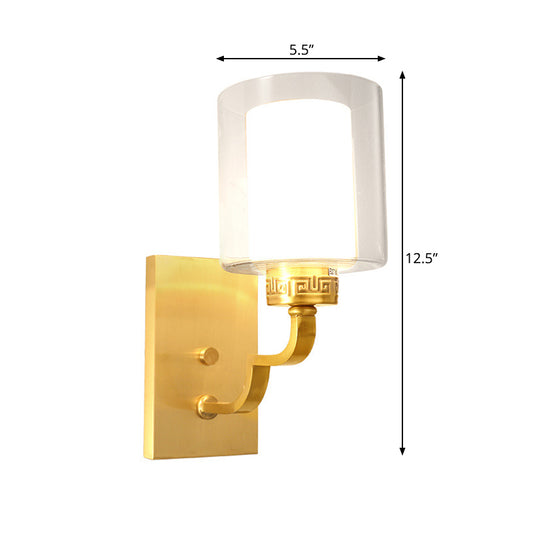1 Head Wall Lighting with Cylinder Shade Clear and White Glass Modern Style Bedroom Wall Sconce in Brass Clearhalo 'Wall Lamps & Sconces' 'Wall Lights' Lighting' 273843