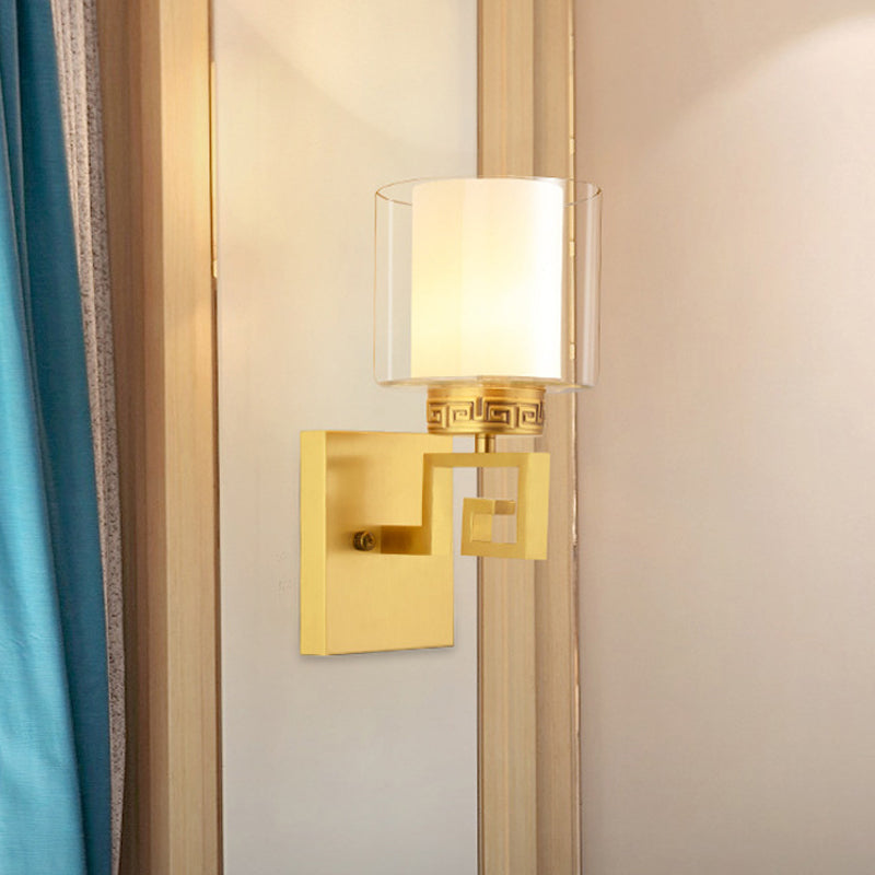 Brass Finish Drum Wall Mount Lamp Modern Style Double Glass 1 Light Hallway Wall Sconce Clearhalo 'Wall Lamps & Sconces' 'Wall Lights' Lighting' 273846