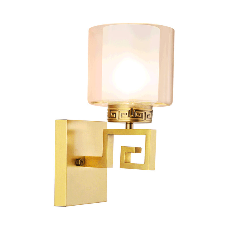 Brass Finish Drum Wall Mount Lamp Modern Style Double Glass 1 Light Hallway Wall Sconce Clearhalo 'Wall Lamps & Sconces' 'Wall Lights' Lighting' 273848