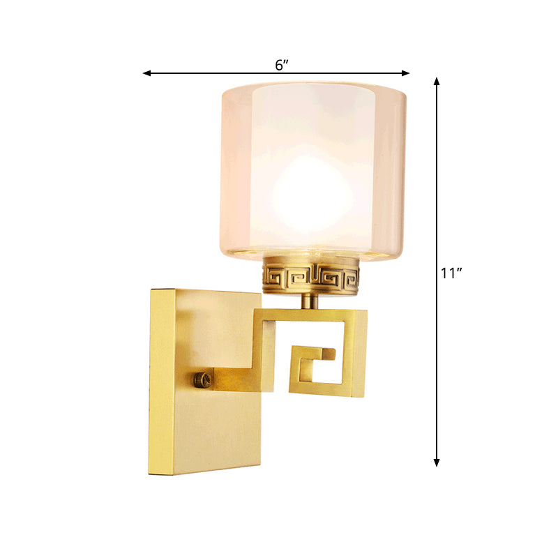 Brass Finish Drum Wall Mount Lamp Modern Style Double Glass 1 Light Hallway Wall Sconce Clearhalo 'Wall Lamps & Sconces' 'Wall Lights' Lighting' 273849