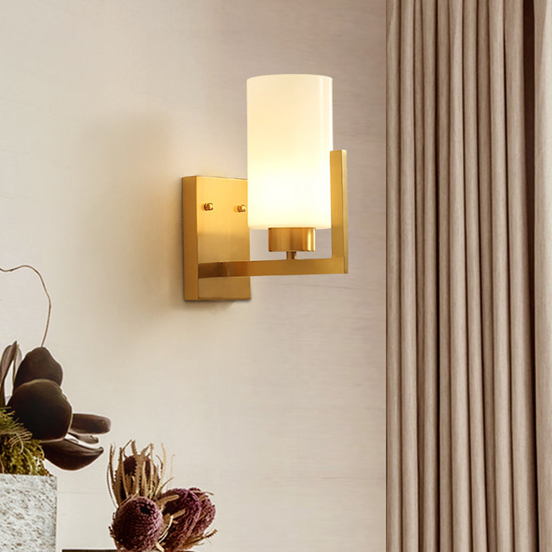 Minimalism Style Cylinder Wall Sconce Lamp 1 Light Opal Frosted Glass Wall Light in Brass for Bedroom Brass Clearhalo 'Wall Lamps & Sconces' 'Wall Lights' Lighting' 273851