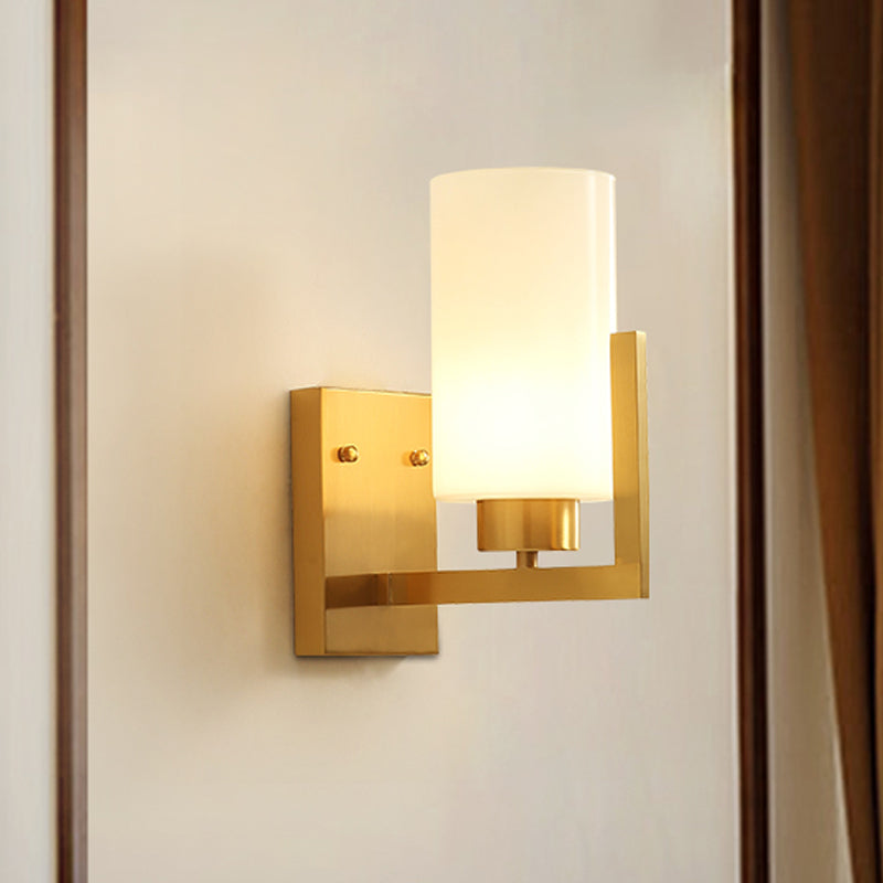 Minimalism Style Cylinder Wall Sconce Lamp 1 Light Opal Frosted Glass Wall Light in Brass for Bedroom Clearhalo 'Wall Lamps & Sconces' 'Wall Lights' Lighting' 273852