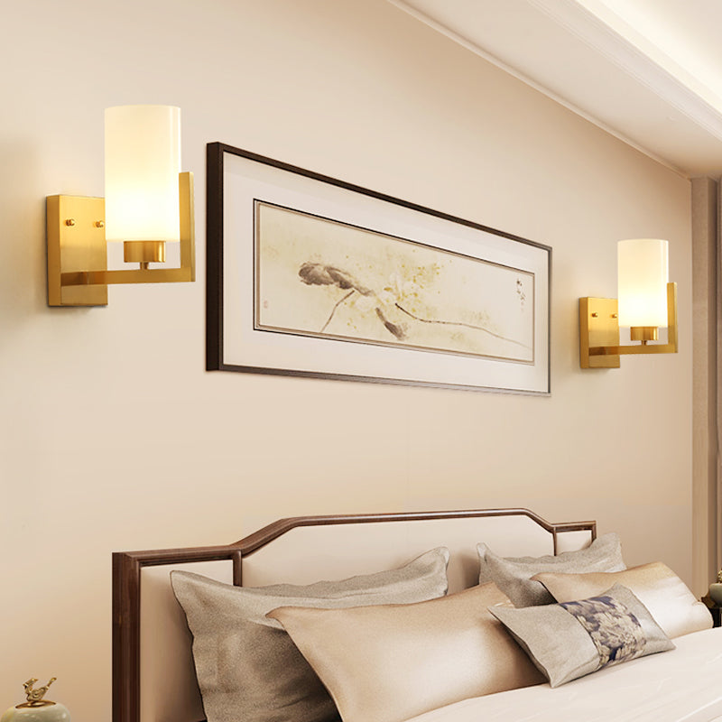 Minimalism Style Cylinder Wall Sconce Lamp 1 Light Opal Frosted Glass Wall Light in Brass for Bedroom Clearhalo 'Wall Lamps & Sconces' 'Wall Lights' Lighting' 273854