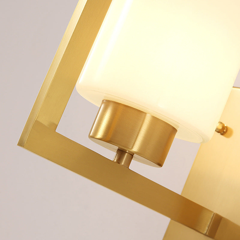 Minimalism Style Cylinder Wall Sconce Lamp 1 Light Opal Frosted Glass Wall Light in Brass for Bedroom Clearhalo 'Wall Lamps & Sconces' 'Wall Lights' Lighting' 273857