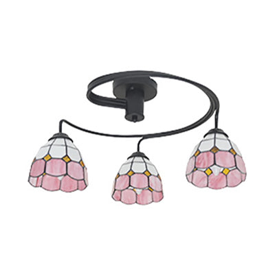 3/5 Lights Bowl Semi Flushmount Tiffany Vintage Stained Glass Semi Flush Light Fixture in Orange/Blue/Pink/Green for Bedroom 3 Pink Clearhalo 'Ceiling Lights' 'Close To Ceiling Lights' 'Close to ceiling' 'Glass shade' 'Glass' 'Semi-flushmount' 'Tiffany close to ceiling' 'Tiffany' Lighting' 27387