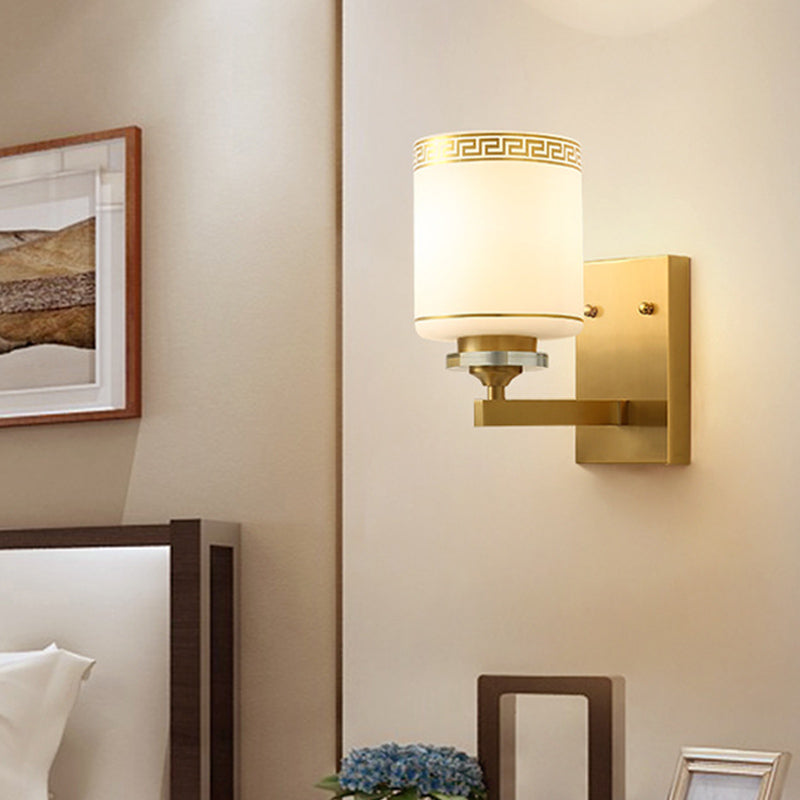 1 Light Wall Mounted Lamp Modern Style Drum Shade White Glass Wall Lighting Fixture in Brass for Hallway Brass Clearhalo 'Wall Lamps & Sconces' 'Wall Lights' Lighting' 273878