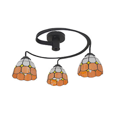 3/5 Lights Bowl Semi Flushmount Tiffany Vintage Stained Glass Semi Flush Light Fixture in Orange/Blue/Pink/Green for Bedroom 3 Orange Clearhalo 'Ceiling Lights' 'Close To Ceiling Lights' 'Close to ceiling' 'Glass shade' 'Glass' 'Semi-flushmount' 'Tiffany close to ceiling' 'Tiffany' Lighting' 27388