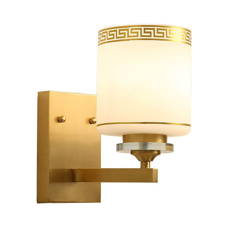 1 Light Wall Mounted Lamp Modern Style Drum Shade White Glass Wall Lighting Fixture in Brass for Hallway Clearhalo 'Wall Lamps & Sconces' 'Wall Lights' Lighting' 273882