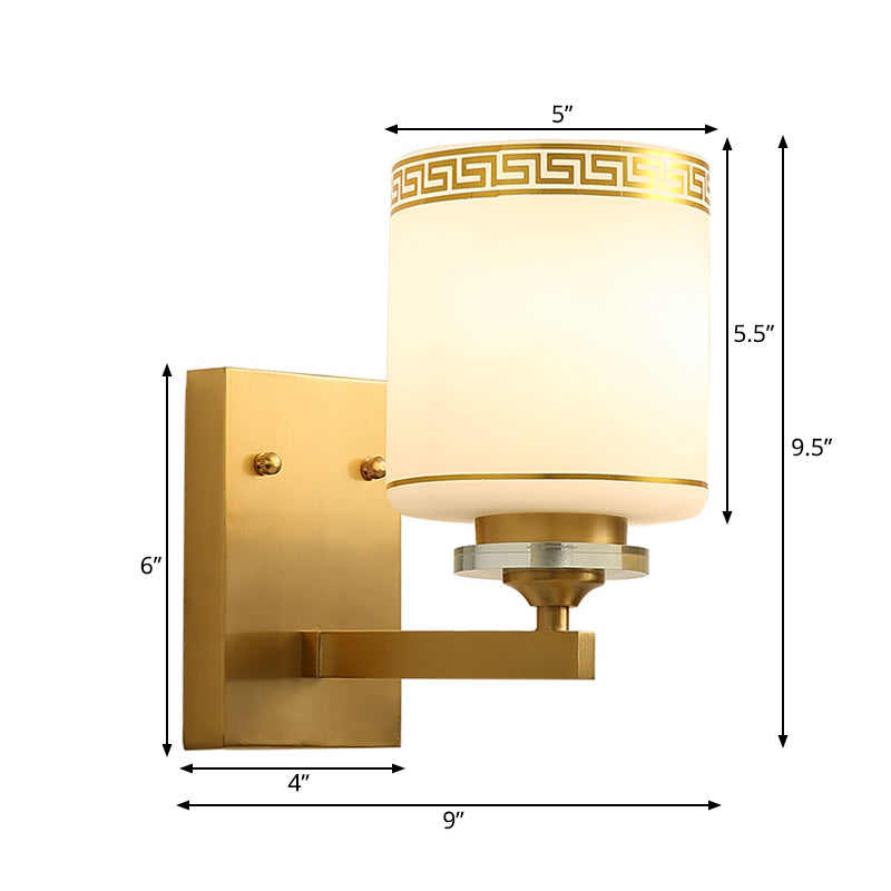 1 Light Wall Mounted Lamp Modern Style Drum Shade White Glass Wall Lighting Fixture in Brass for Hallway Clearhalo 'Wall Lamps & Sconces' 'Wall Lights' Lighting' 273883