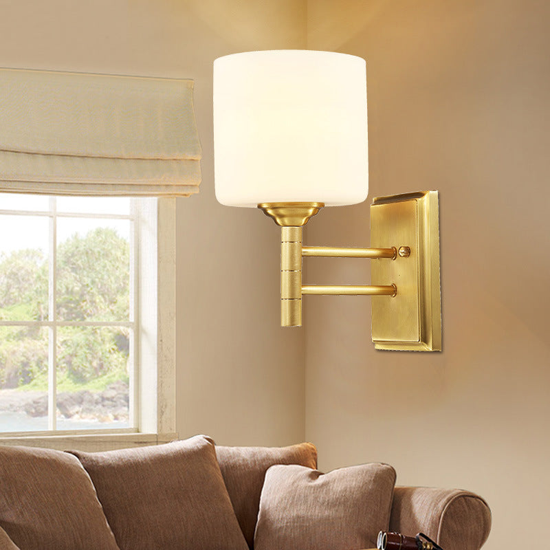 Brass Finish 1 Bulb Sconce Light Fixture Modernist Style Cream Glass Drum Wall Lighting for Living Room Clearhalo 'Wall Lamps & Sconces' 'Wall Lights' Lighting' 273938