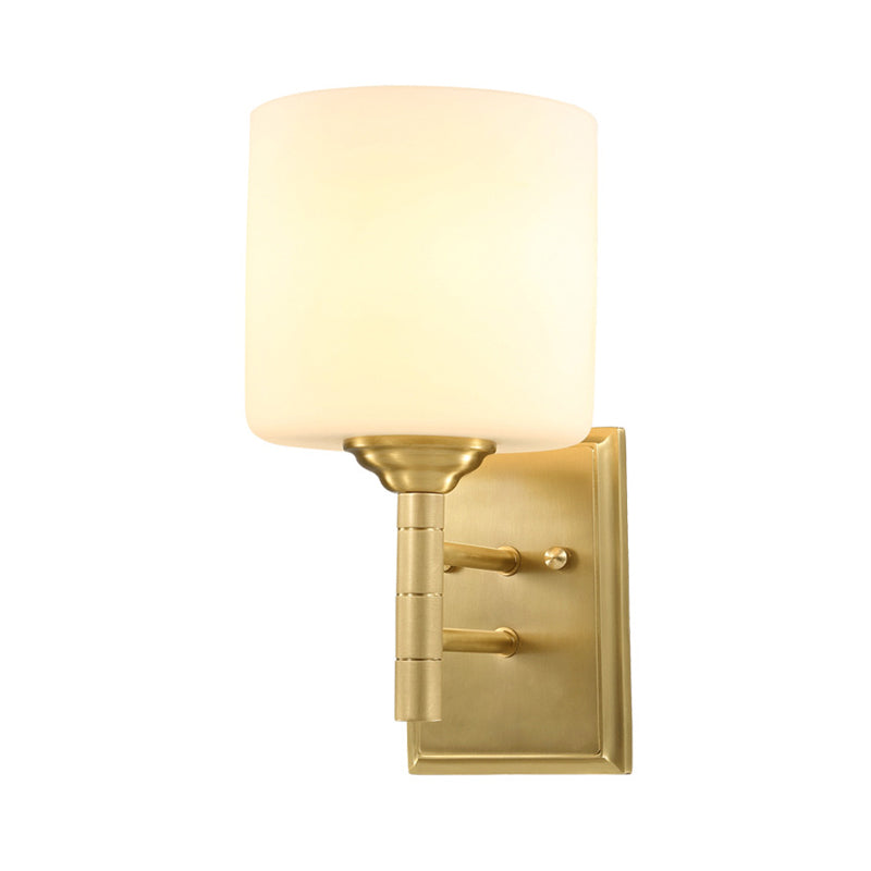 Brass Finish 1 Bulb Sconce Light Fixture Modernist Style Cream Glass Drum Wall Lighting for Living Room Clearhalo 'Wall Lamps & Sconces' 'Wall Lights' Lighting' 273940