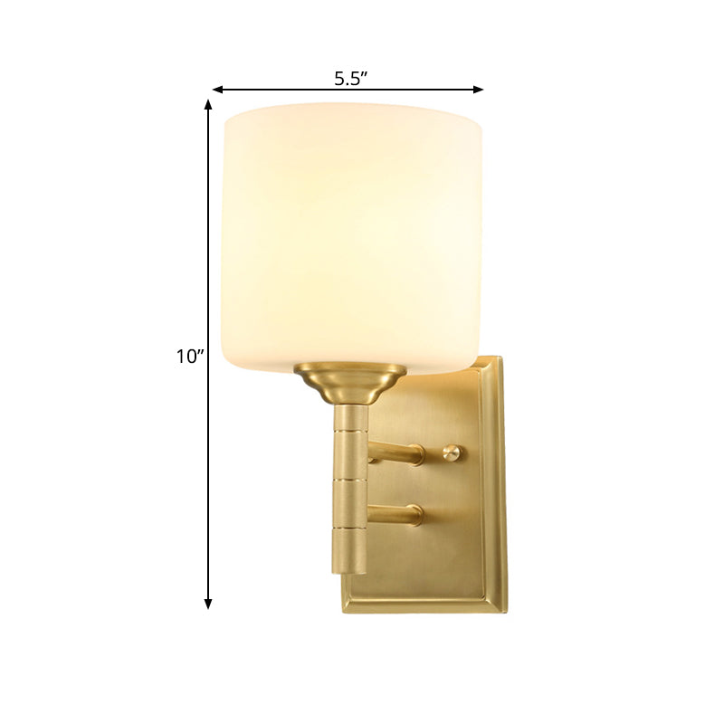 Brass Finish 1 Bulb Sconce Light Fixture Modernist Style Cream Glass Drum Wall Lighting for Living Room Clearhalo 'Wall Lamps & Sconces' 'Wall Lights' Lighting' 273941