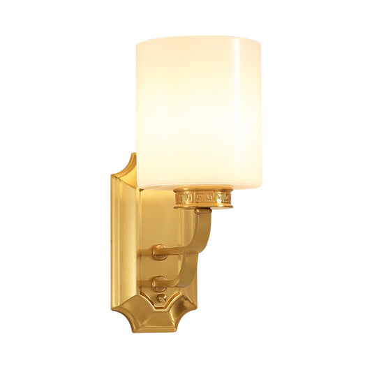 Drum Opal Glass Wall Mount Lighting Modern Stylish 1 Light Living Room Wall Sconce Fixture in Brass Clearhalo 'Wall Lamps & Sconces' 'Wall Lights' Lighting' 273952