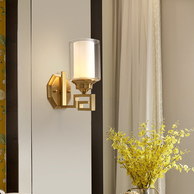 Cylinder Clear Glass Wall Sconce Modern Stylish 1 Light Living Room Wall Mounted Lighting in Brass Clearhalo 'Wall Lamps & Sconces' 'Wall Lights' Lighting' 273971