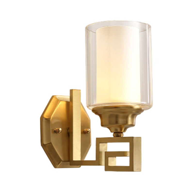 Cylinder Clear Glass Wall Sconce Modern Stylish 1 Light Living Room Wall Mounted Lighting in Brass Clearhalo 'Wall Lamps & Sconces' 'Wall Lights' Lighting' 273972