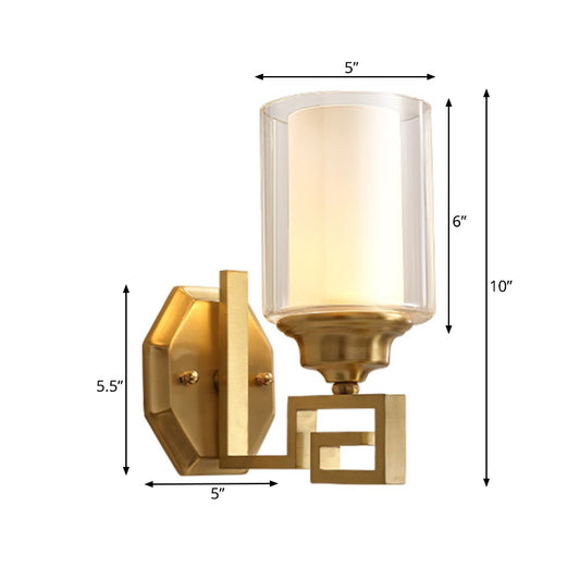 Cylinder Clear Glass Wall Sconce Modern Stylish 1 Light Living Room Wall Mounted Lighting in Brass Clearhalo 'Wall Lamps & Sconces' 'Wall Lights' Lighting' 273973