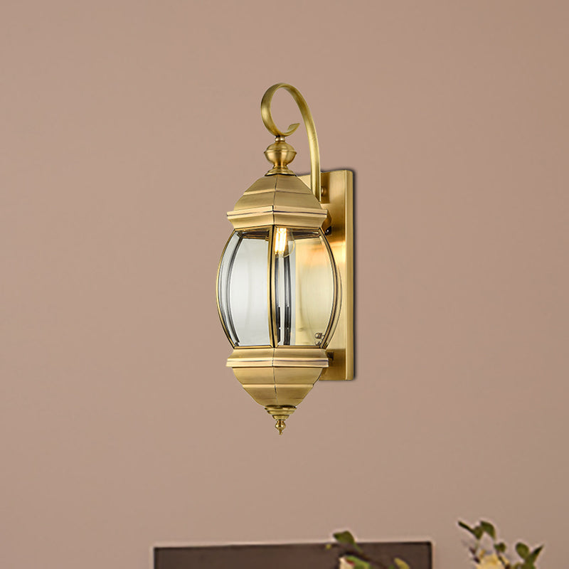 1/3-Head Metal Wall Light Traditionalism Brass Lantern Porch Wall Sconce Lighting, 7.5"/9.5" Wide Brass 7.5" Clearhalo 'Wall Lamps & Sconces' 'Wall Lights' Lighting' 273975