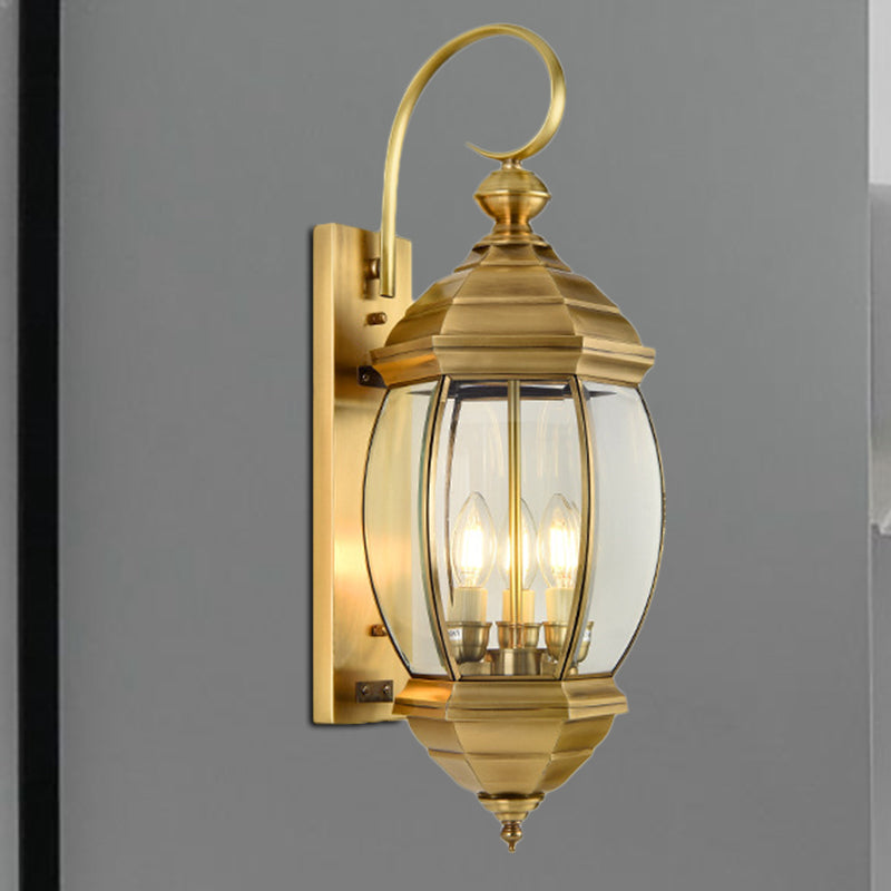 1/3-Head Metal Wall Light Traditionalism Brass Lantern Porch Wall Sconce Lighting, 7.5"/9.5" Wide Brass 9.5" Clearhalo 'Wall Lamps & Sconces' 'Wall Lights' Lighting' 273980