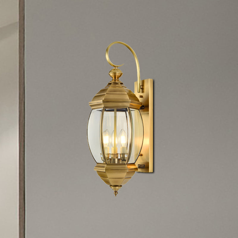 1/3-Head Metal Wall Light Traditionalism Brass Lantern Porch Wall Sconce Lighting, 7.5"/9.5" Wide Clearhalo 'Wall Lamps & Sconces' 'Wall Lights' Lighting' 273981