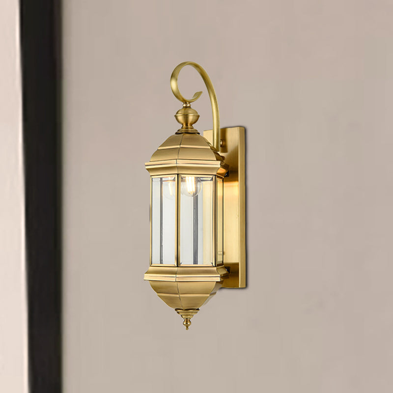 Brass 6"/8" W 1/3-Light Wall Light Sconce Traditional Metal Lantern Wall Mounted Lamp with Clear Glass Shade Brass 6" Clearhalo 'Wall Lamps & Sconces' 'Wall Lights' Lighting' 273985