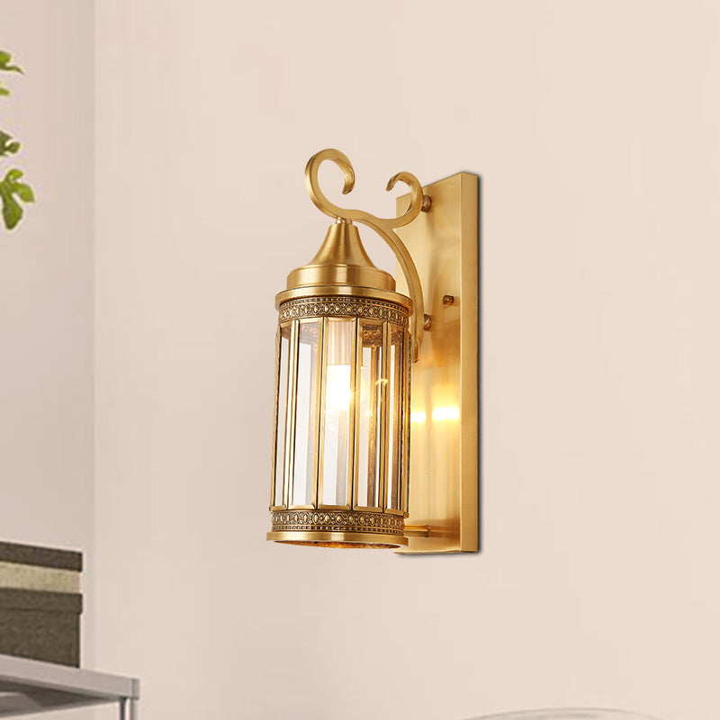 Cylinder Metal Sconce Light Traditionalism 1/3-Bulb Entry Wall Light Fixture in Brass, 6.5"/10" Wide Brass 6.5" Clearhalo 'Wall Lamps & Sconces' 'Wall Lights' Lighting' 273995