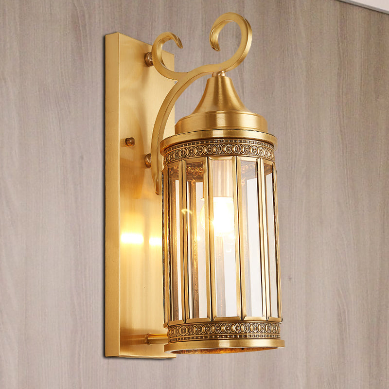 Cylinder Metal Sconce Light Traditionalism 1/3-Bulb Entry Wall Light Fixture in Brass, 6.5"/10" Wide Clearhalo 'Wall Lamps & Sconces' 'Wall Lights' Lighting' 273996