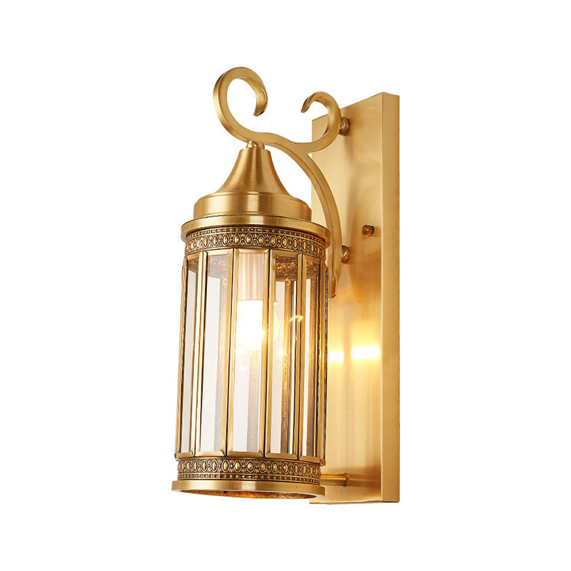 Cylinder Metal Sconce Light Traditionalism 1/3-Bulb Entry Wall Light Fixture in Brass, 6.5"/10" Wide Clearhalo 'Wall Lamps & Sconces' 'Wall Lights' Lighting' 273998