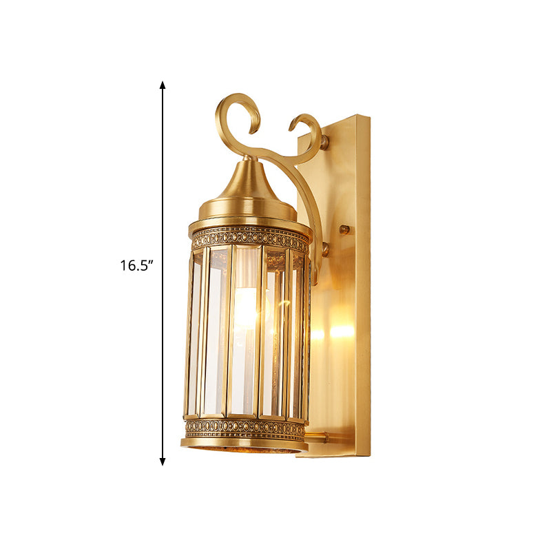 Cylinder Metal Sconce Light Traditionalism 1/3-Bulb Entry Wall Light Fixture in Brass, 6.5"/10" Wide Clearhalo 'Wall Lamps & Sconces' 'Wall Lights' Lighting' 273999