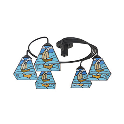 Nautical Style Semi Flush Light with Boat/Mediterranean/Baroque Design Stained Glass Shade 3/5 Lights Living Room Ceiling Light in Black 5 Black Boat Clearhalo 'Ceiling Lights' 'Close To Ceiling Lights' 'Close to ceiling' 'Semi-flushmount' 'Tiffany close to ceiling' 'Tiffany' Lighting' 27400