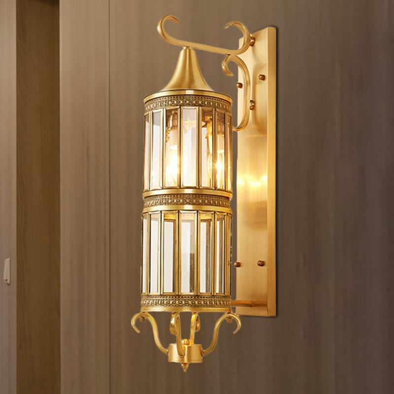 Cylinder Metal Sconce Light Traditionalism 1/3-Bulb Entry Wall Light Fixture in Brass, 6.5"/10" Wide Brass 10" Clearhalo 'Wall Lamps & Sconces' 'Wall Lights' Lighting' 274001