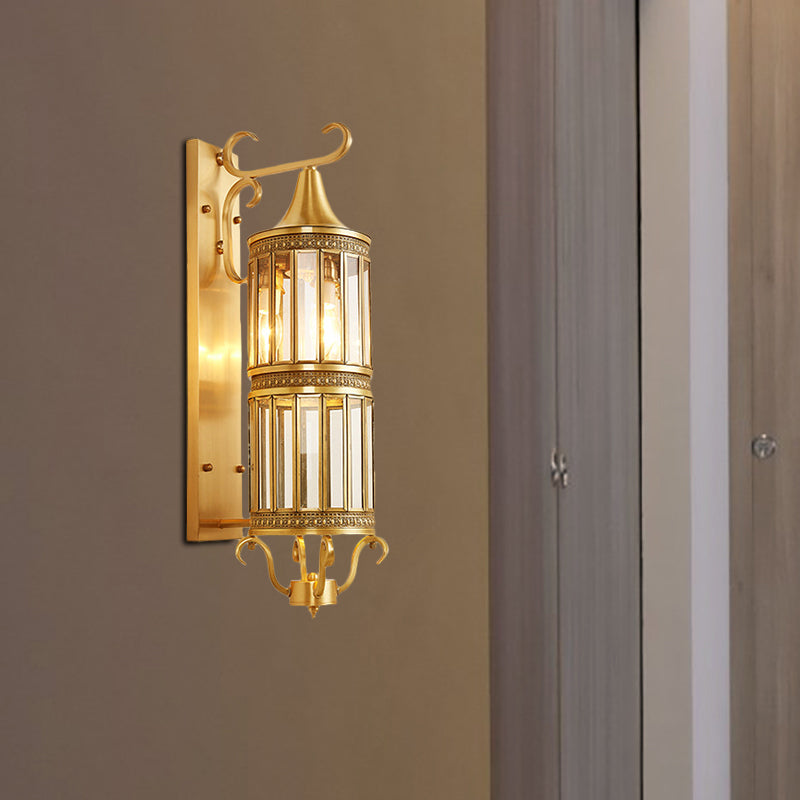 Cylinder Metal Sconce Light Traditionalism 1/3-Bulb Entry Wall Light Fixture in Brass, 6.5"/10" Wide Clearhalo 'Wall Lamps & Sconces' 'Wall Lights' Lighting' 274002