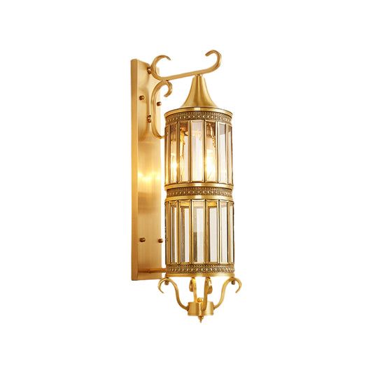 Cylinder Metal Sconce Light Traditionalism 1/3-Bulb Entry Wall Light Fixture in Brass, 6.5"/10" Wide Clearhalo 'Wall Lamps & Sconces' 'Wall Lights' Lighting' 274004