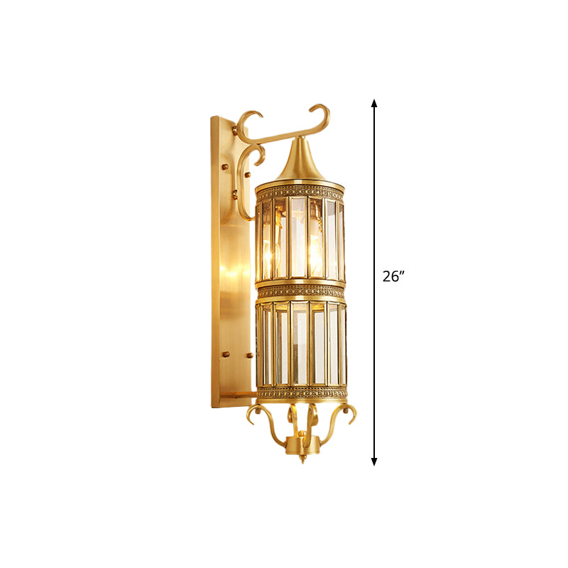 Cylinder Metal Sconce Light Traditionalism 1/3-Bulb Entry Wall Light Fixture in Brass, 6.5"/10" Wide Clearhalo 'Wall Lamps & Sconces' 'Wall Lights' Lighting' 274005